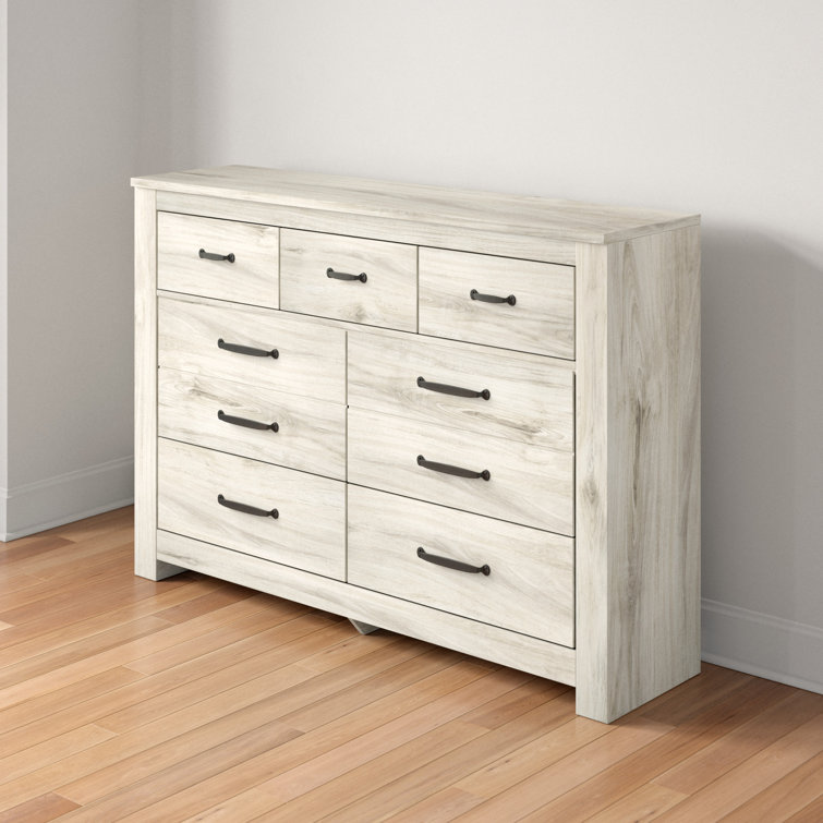 Transitional Farmhouse 7-Drawer Dresser with Mirror in White