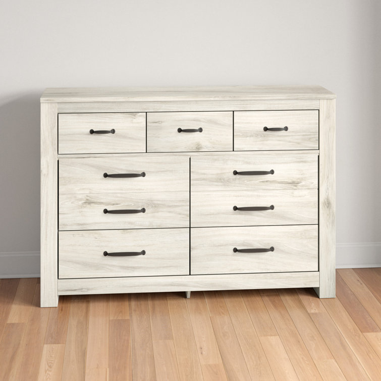 Transitional Farmhouse 7-Drawer Dresser with Mirror in White
