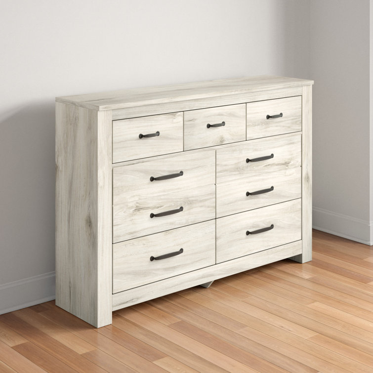 Transitional Farmhouse 7-Drawer Dresser with Mirror in White