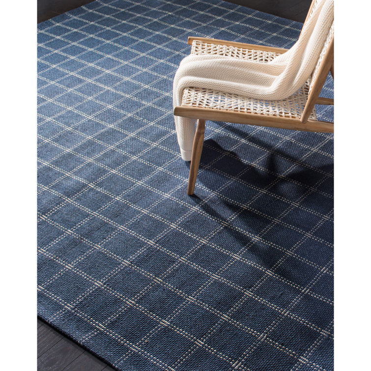 Hand-Knotted Tamworth Check Navy Blue Wool-Viscose 4' x 6' Area Rug