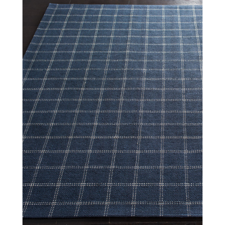 Hand-Knotted Tamworth Check Navy Blue Wool-Viscose 4' x 6' Area Rug
