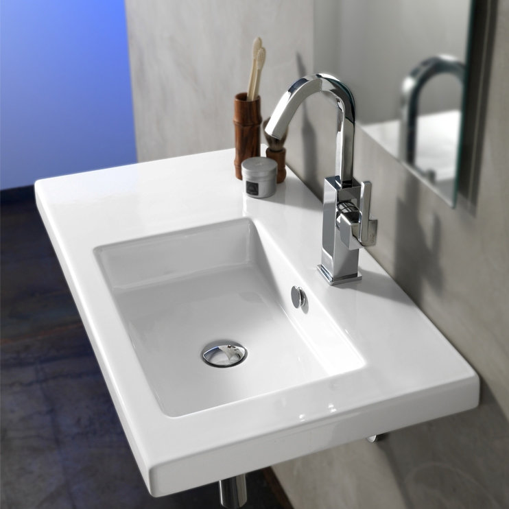 Glossy White Ceramic Wall-Mount Rectangular Bathroom Sink