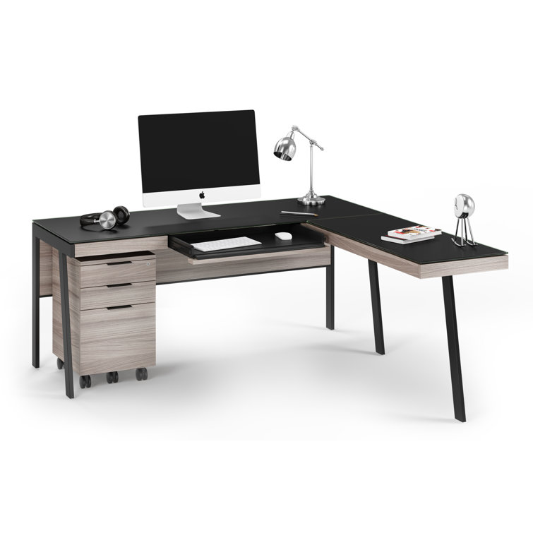 Sigma 42" Clear Glass and Black Metal Reversible Desk Return