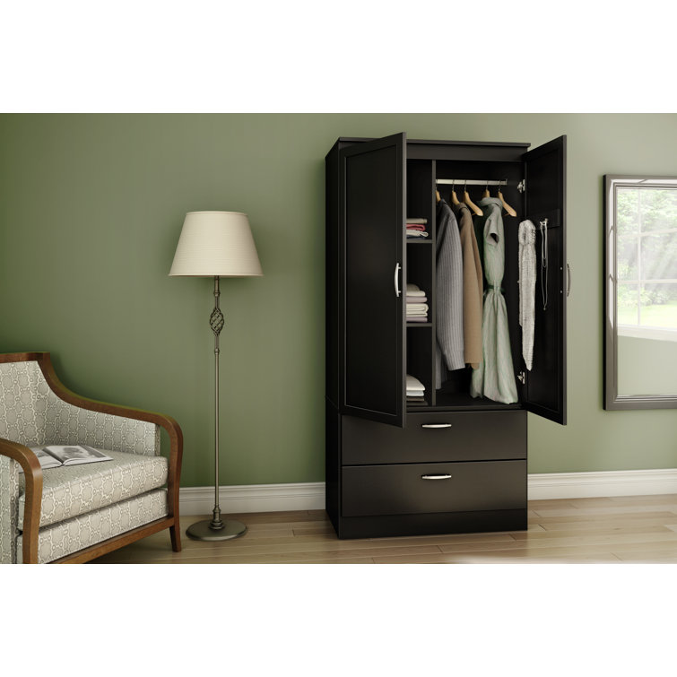 Pure Black Transitional Wardrobe Armoire with Mirror