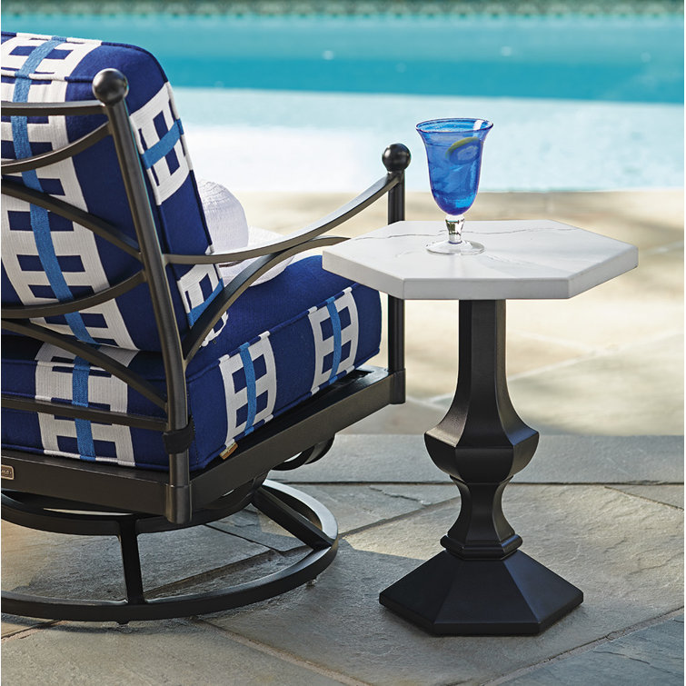 Transitional Black Hexagonal Accent Table with Limestone Top