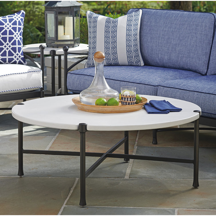 Pavlova Transitional 44" Black Round Coffee Table with Limestone Top