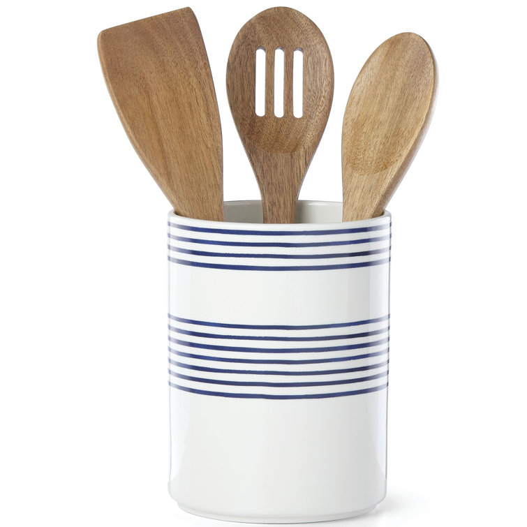 Charlotte Street Navy Blue Ceramic Utensil Holder Set with Spoons