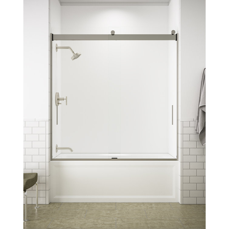 Levity Matte Nickel Sliding Bath Door with Frosted Glass Panels