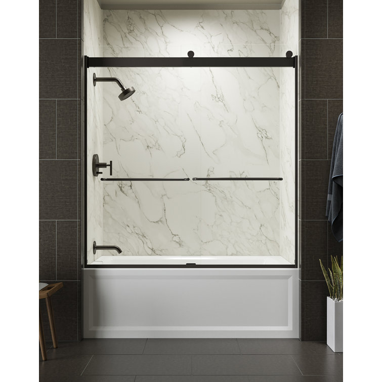 Levity Anodized Dark Bronze Frameless Sliding Bath Door with Clear Glass