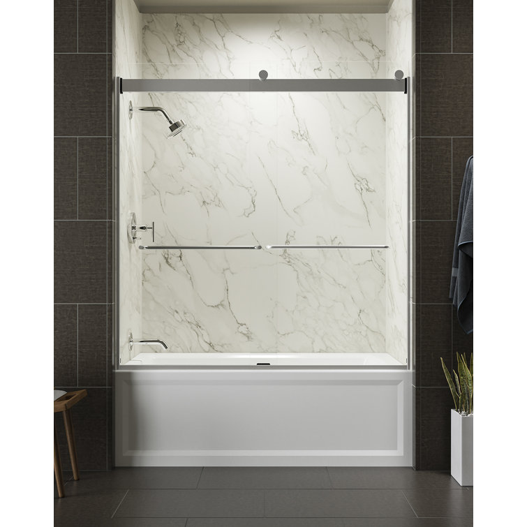 Levity Bright Silver Frameless Sliding Bath Door with Frosted Glass