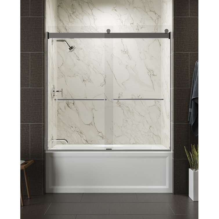 Bright Silver Frosted Glass Sliding Bath Door