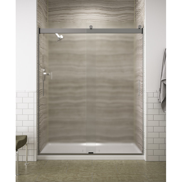 Levity Bright Silver Frameless Sliding Shower Door with Frosted Glass