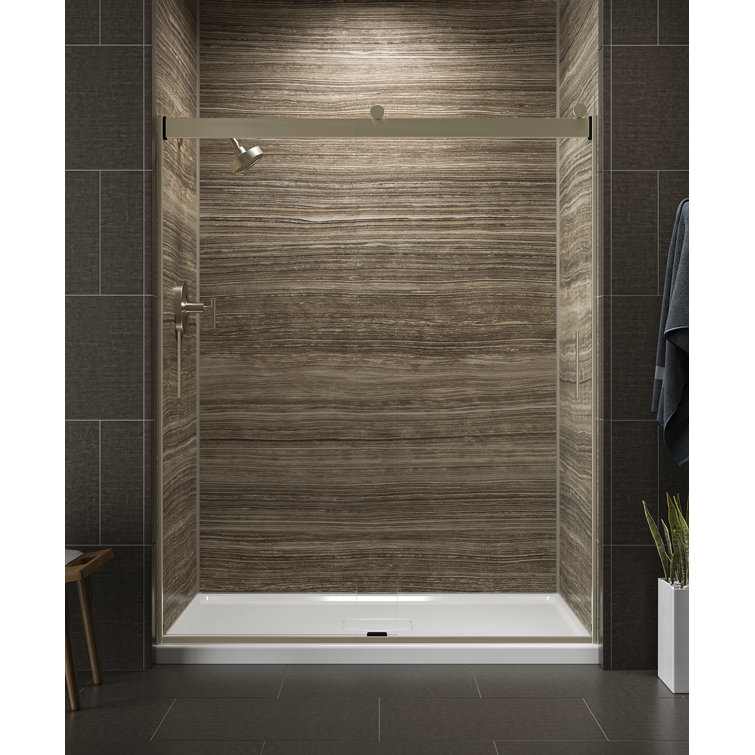 Levity 74" Frameless Sliding Shower Door in Clear Glass with Anodized Brushed Bronze Frame