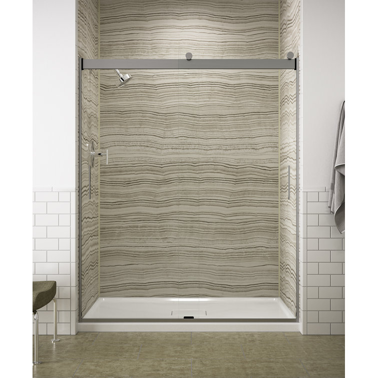 Levity Bright Silver Frameless Sliding Shower Door with Frosted Glass