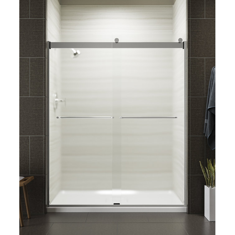 Levity Bright Silver 59.63" x 74" Sliding Shower Door with Crystal Clear Glass