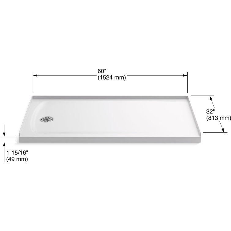 Ballast White Resin Concrete 60" x 32" Shower Base with Left-Hand Drain