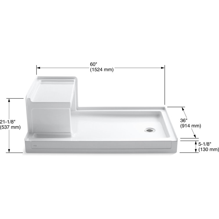 Tresham 60" x 36" White Acrylic Shower Base with Right-Hand Drain and Integral Seat