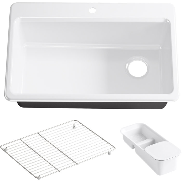 Elegant Riverby 33" White Cast Iron Single-Bowl Kitchen Sink with Accessories