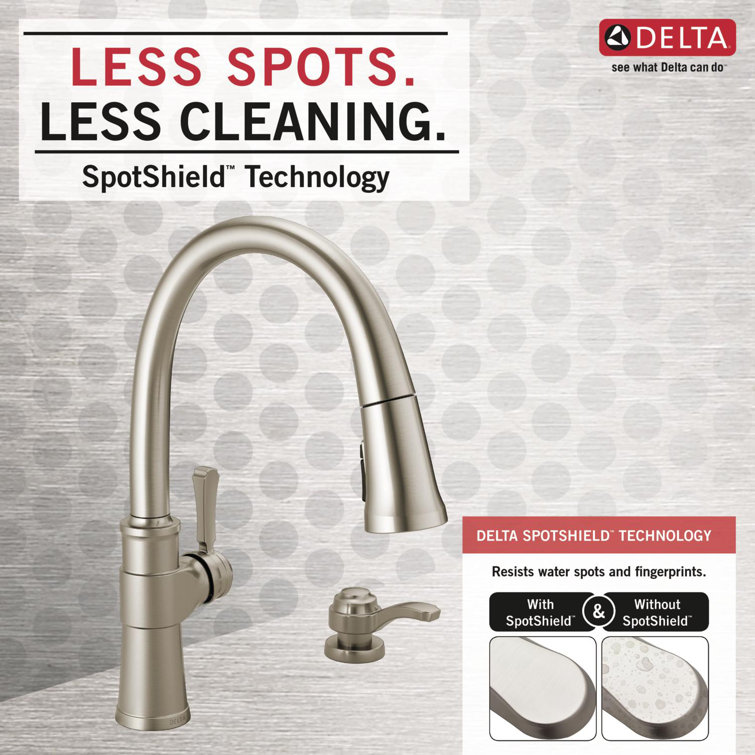SpotShield Stainless Single Handle Pull Down Kitchen Faucet with Soap Dispenser