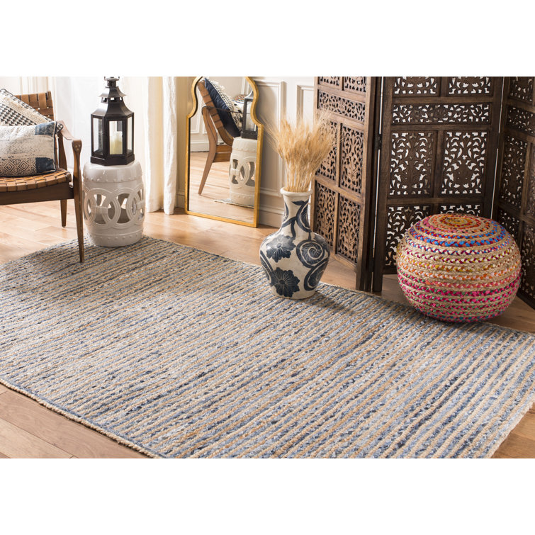 Handmade Natural and Blue Jute Flat Woven 4' x 6' Area Rug