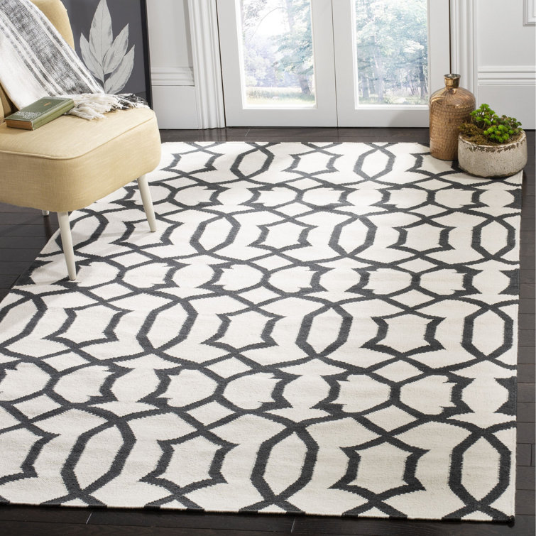 Ivory and Charcoal Geometric Wool Flatweave Rug