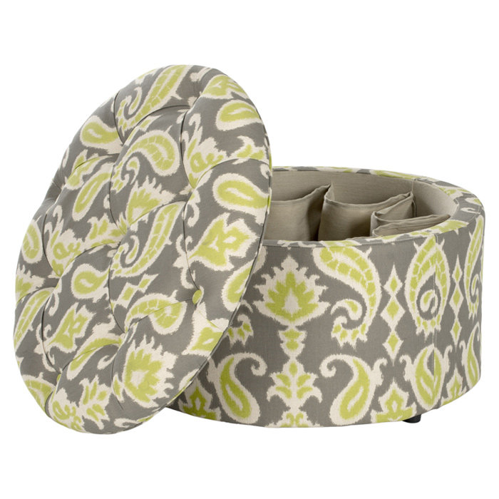 Ikat Grass Green Tufted Round Storage Ottoman