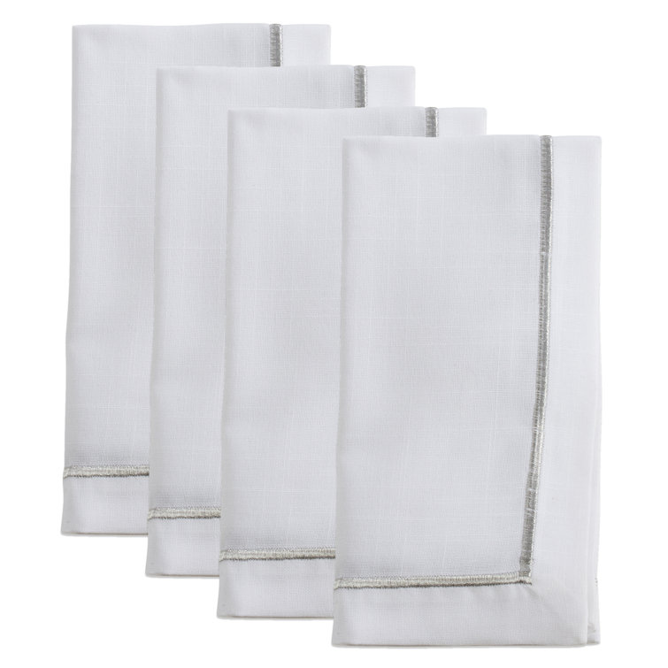 White and Silver Embroidered Polyester Dinner Napkin Set