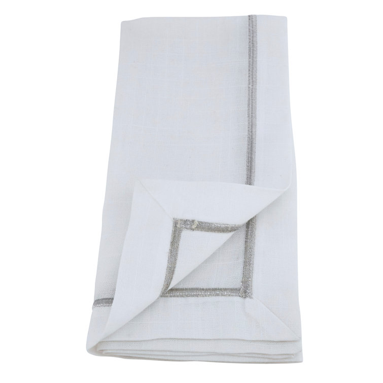 White and Silver Embroidered Polyester Dinner Napkin Set