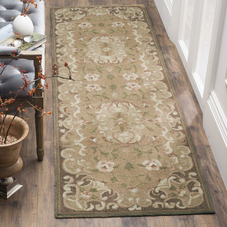 Beige and Brown Floral Wool Reversible Rug, 2' 6" x 10'