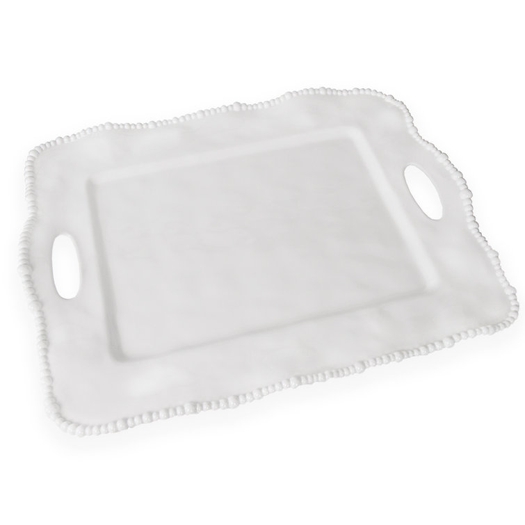 White Melamine Rectangular Tray with Handles and Pearl Rim