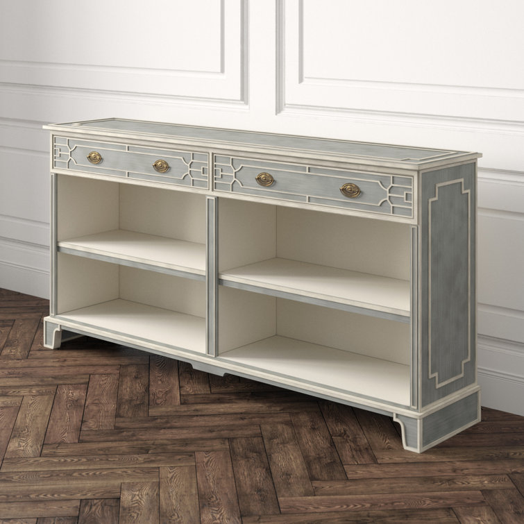 Light Stockton Grey Limestone Low Bookcase Console with Brass Handles