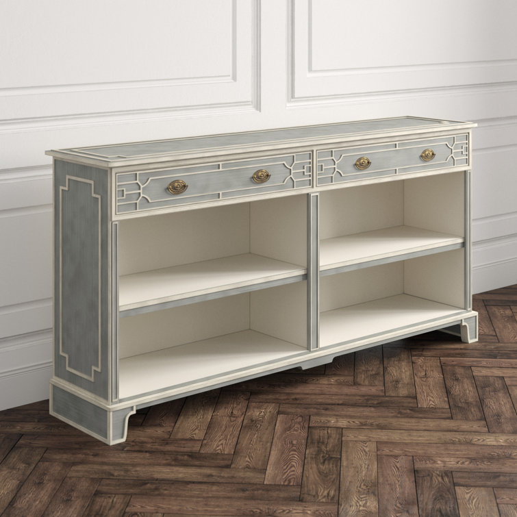 Light Stockton Grey Limestone Low Bookcase Console with Brass Handles