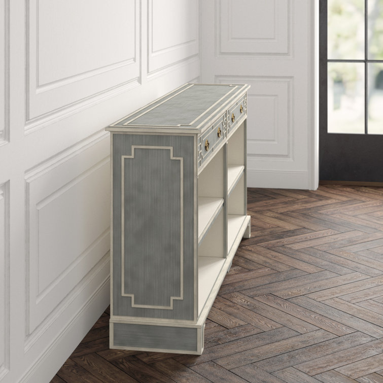 Light Stockton Grey Limestone Low Bookcase Console with Brass Handles