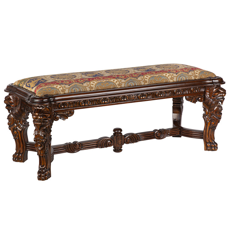 Grande Hall Cherry Mahogany Upholstered Bench with Lion Carvings