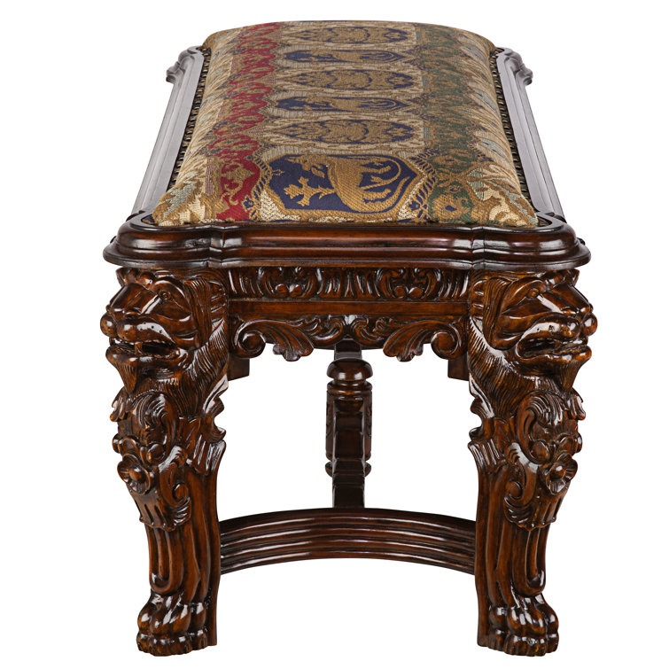 Grande Hall Cherry Mahogany Upholstered Bench with Lion Carvings