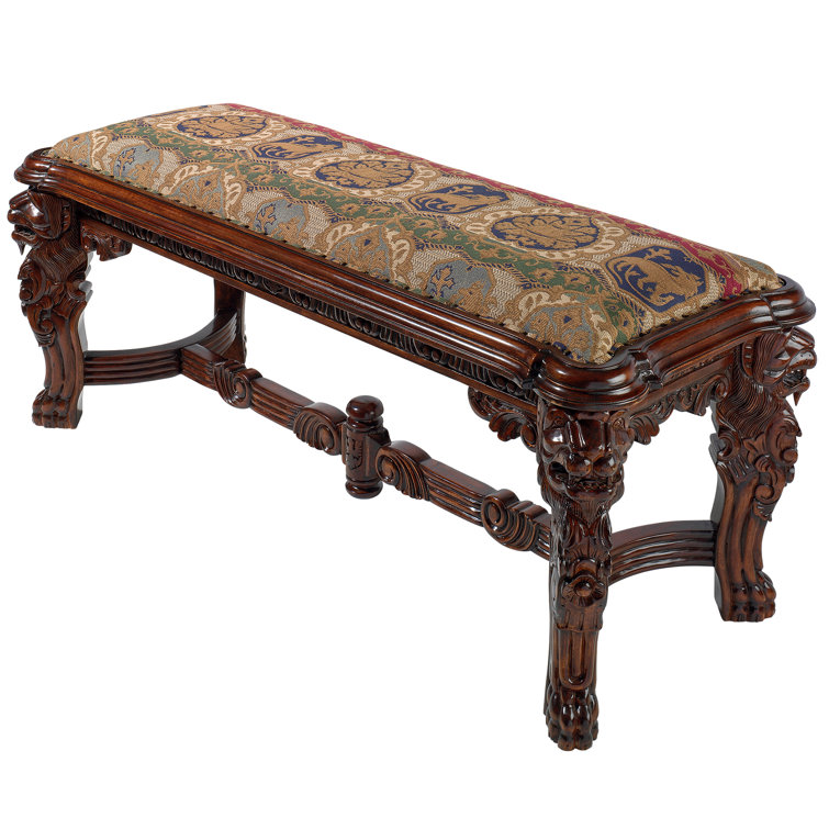 Grande Hall Cherry Mahogany Upholstered Bench with Lion Carvings