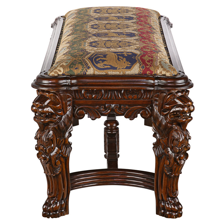 Grande Hall Cherry Mahogany Upholstered Bench with Lion Carvings