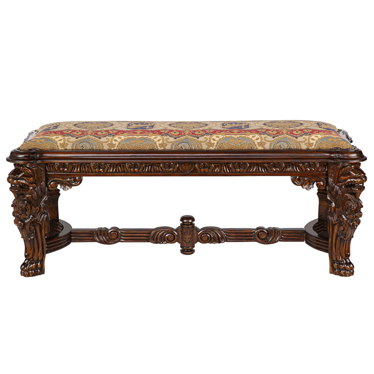Grande Hall Cherry Mahogany Upholstered Bench with Lion Carvings