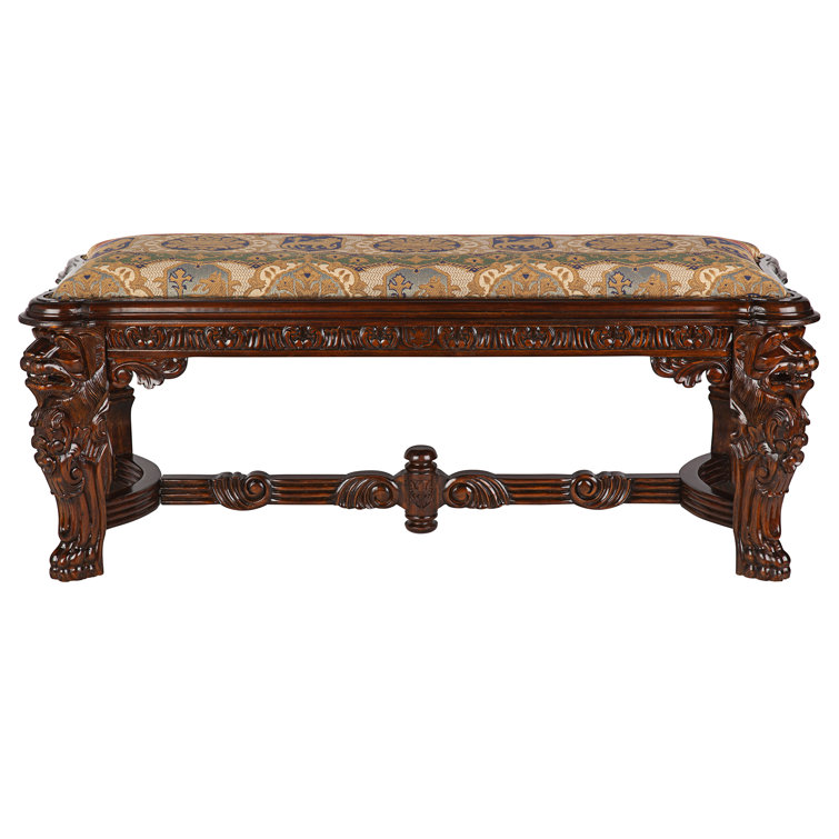 Grande Hall Cherry Mahogany Upholstered Bench with Lion Carvings