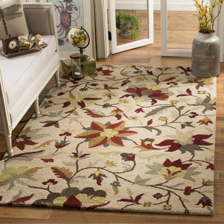 Beige and Multi Floral Handmade Tufted Wool Area Rug 4' x 6'