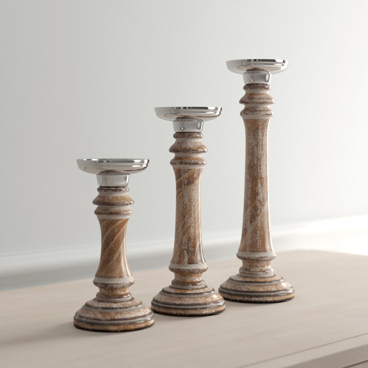 Elegant Mango Wood 9'' Traditional Candlestick Set in Brown