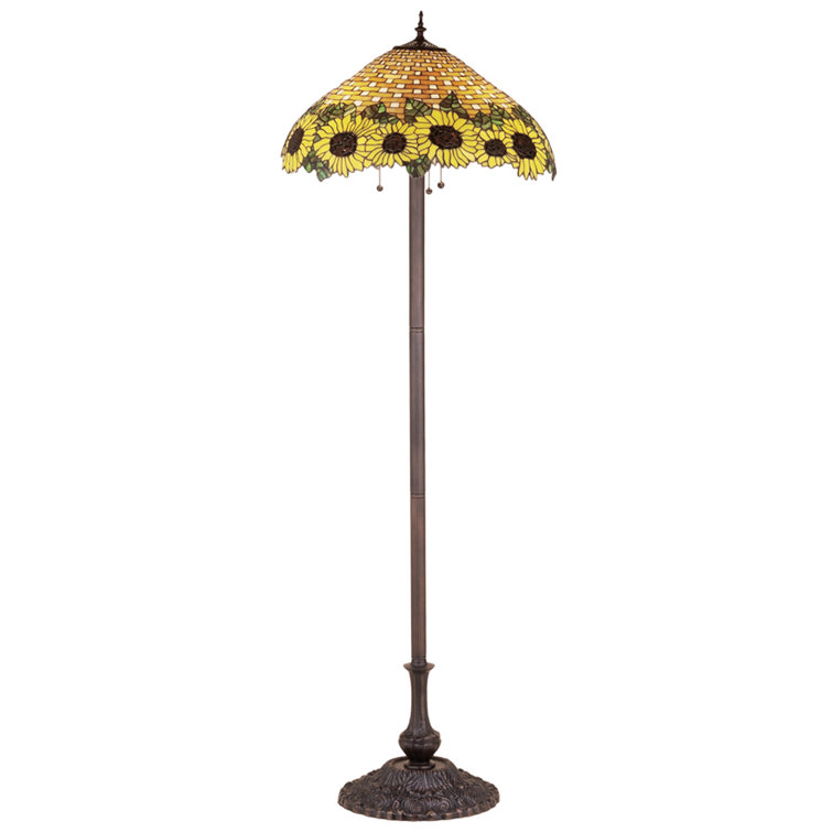 Amber Wicker Basket 63'' Bronze Floor Lamp with Sunflower Stained Glass