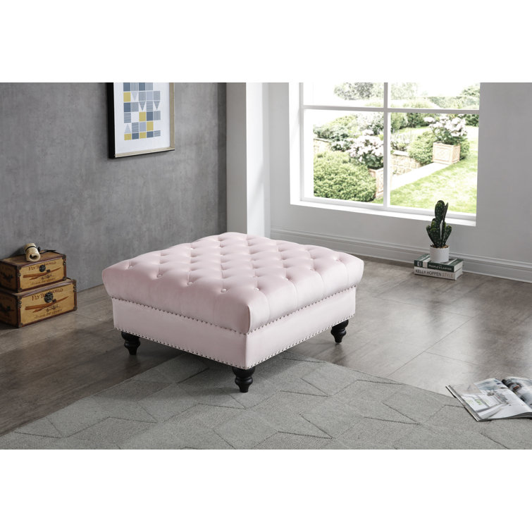 Nola Ivory Velvet 35" Tufted Ottoman with Chrome Nailheads