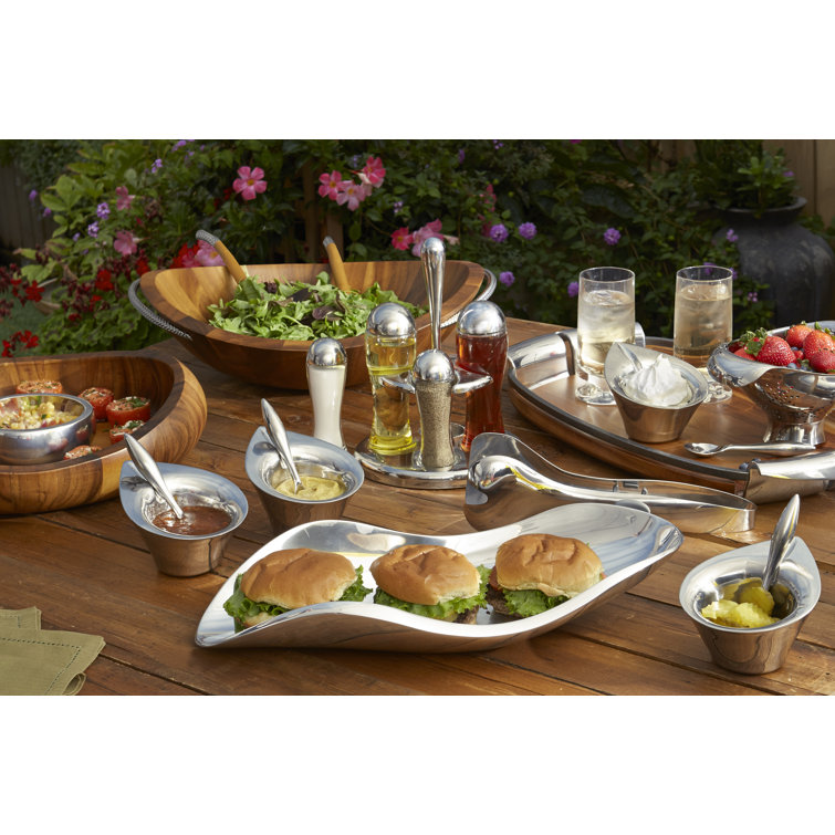 Acacia Wood and Chrome Braid Salad Bowl with Servers