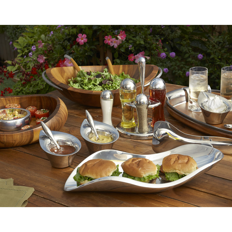 Acacia Wood and Chrome Braid Salad Bowl with Servers
