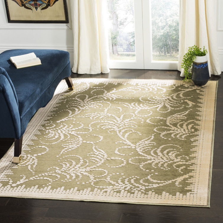 Green and Ivory Floral Wool Viscose Area Rug 5'3" x 7'6"