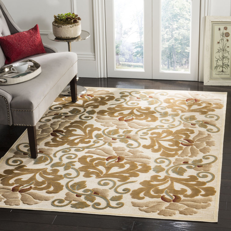 Cream and Gold Floral Viscose Chenille Area Rug