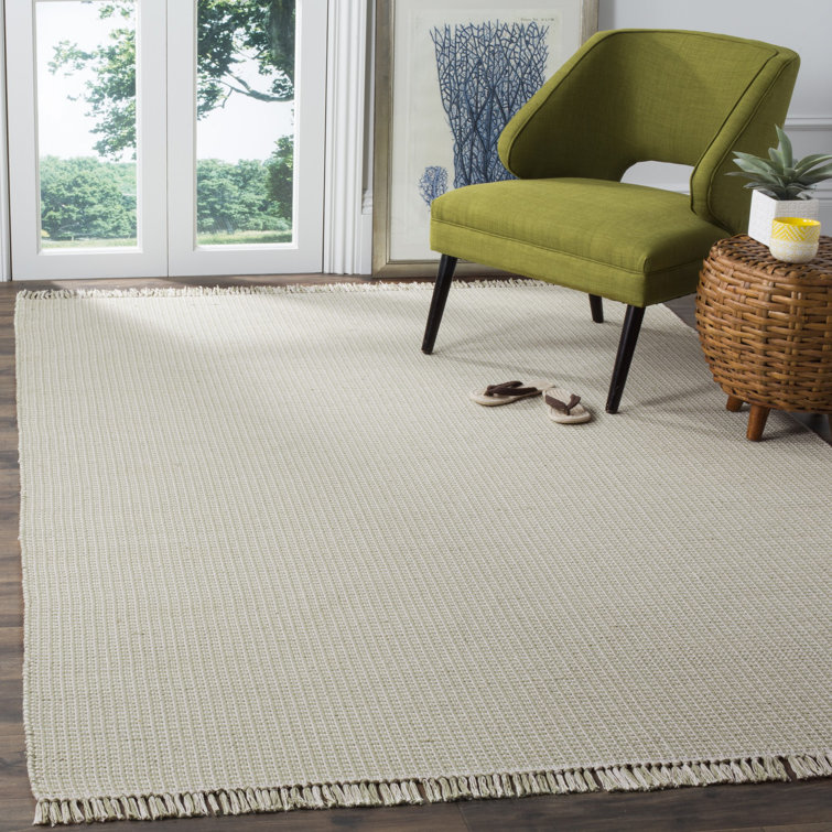 Ivory and Green Handwoven Cotton Flatweave 6' x 9' Rug