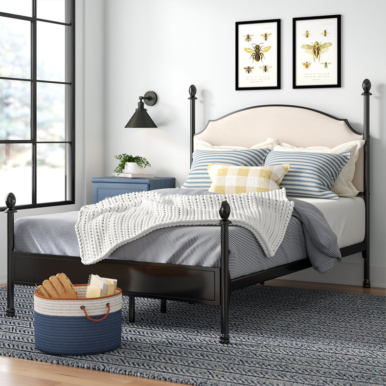 King Gunmetal Metal Four-Poster Bed with Cushioned Headboard