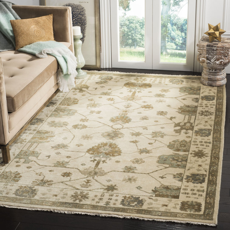 Elegant Ivory and Blue Hand-Knotted Wool Area Rug, 6' x 9'